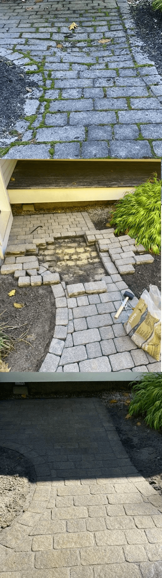A three-step visual progression showing a stained brick paver walkway before, during, and after a professional restoration and cleaning service.